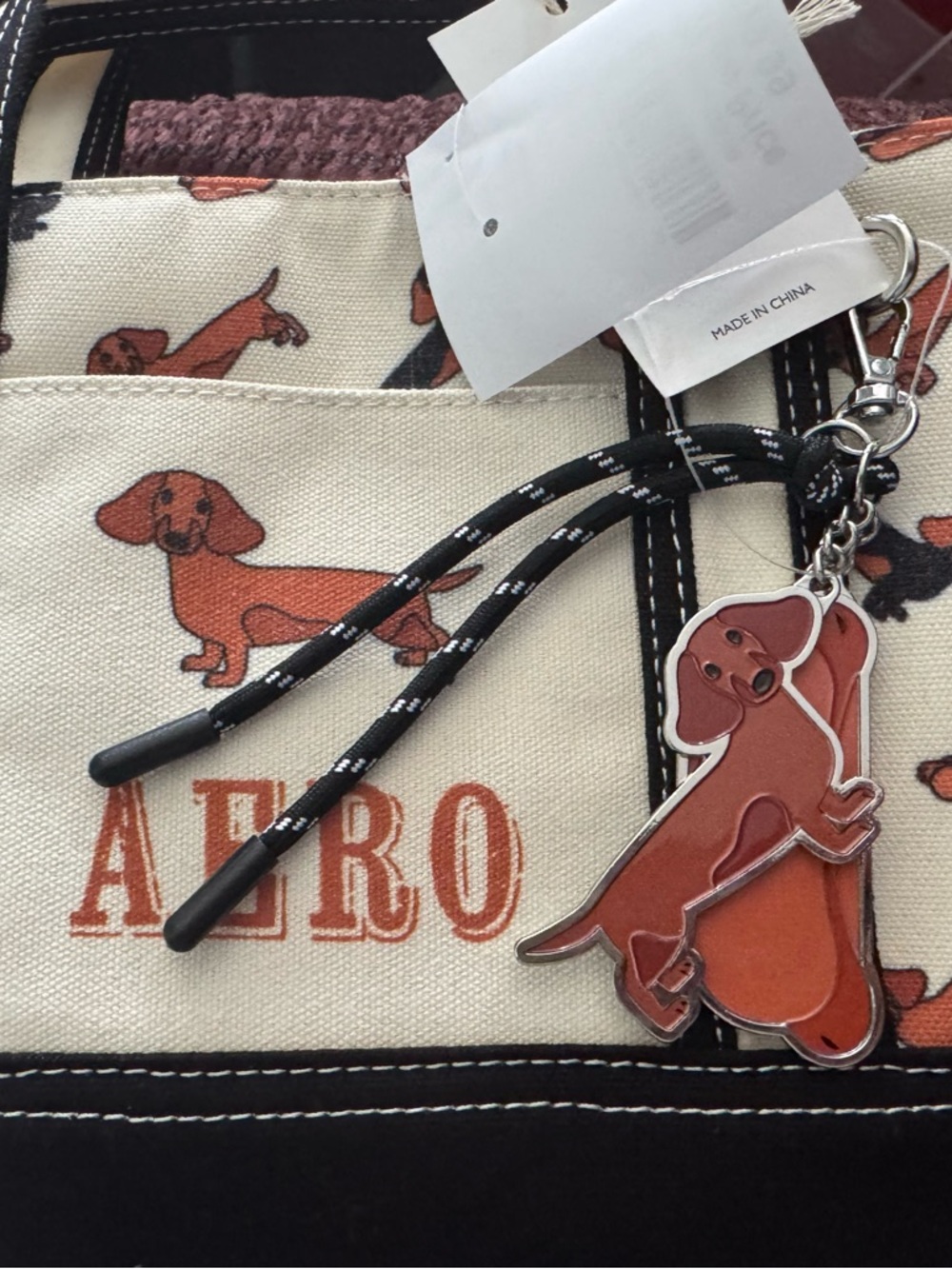 Aero Dachshund Print Dog Tote Bag with Brown Dog Charm—NWT